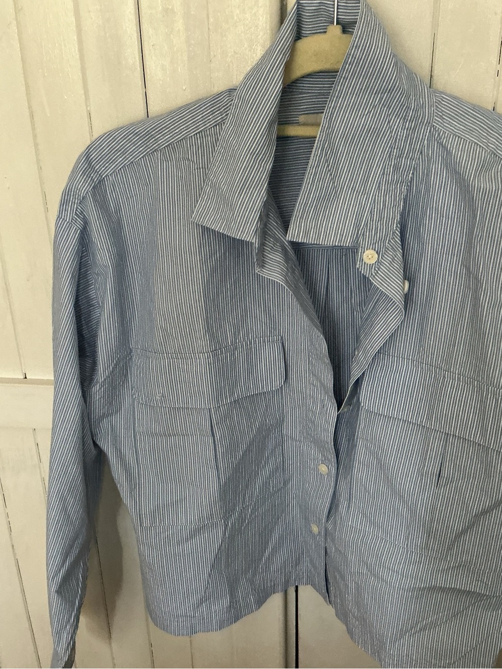 LOFT Light Blue and White Pinstripe Button-Up Blouse
